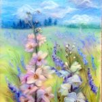 'Delphinium field in Worcestershire' wool painting 34X39 cm  £250