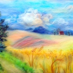 'Landscape with corn fields' wool painting  45X35cm